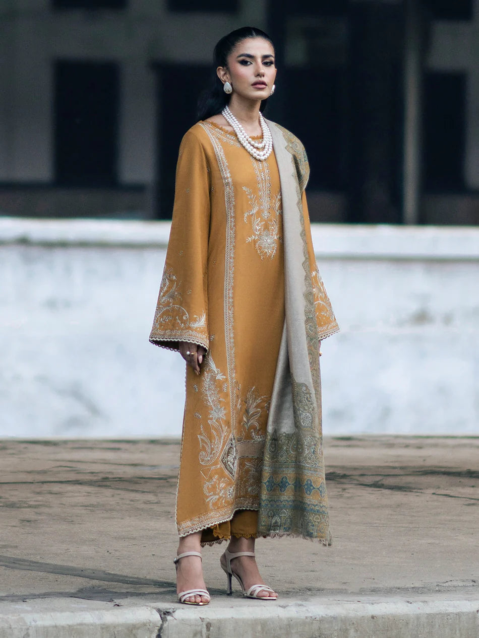 IZEL-3PC DHANAK EMBROIDERED SHIRT WITH COUTRAI PRINTED SHAWL & TROUSER-MnM-10