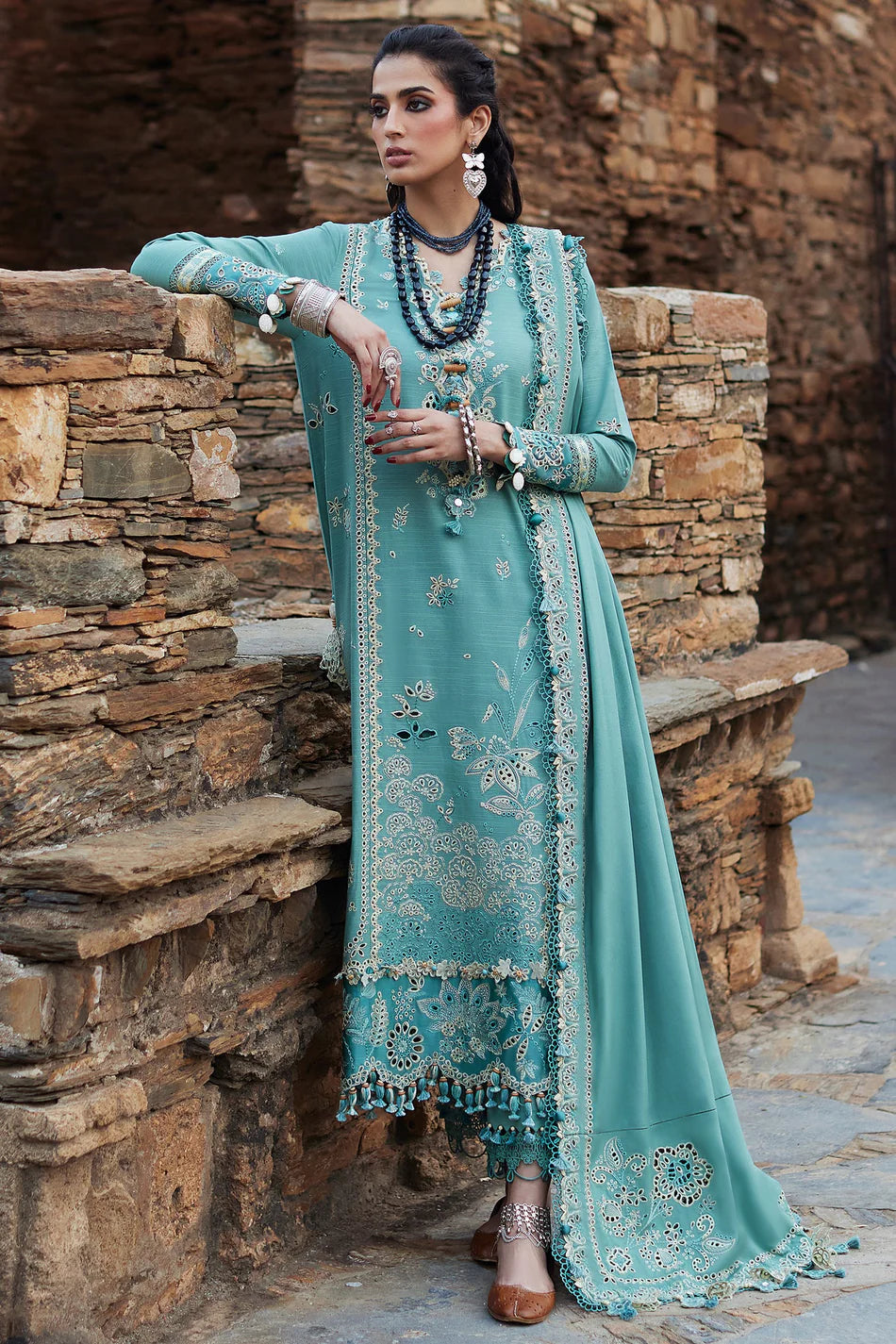 ELAN-3PC DHANAK CHIKAN EMBROIDERED SHIRT WITH DHANAK EMBROIDRED SHAWL & TROUSER-MnM-07