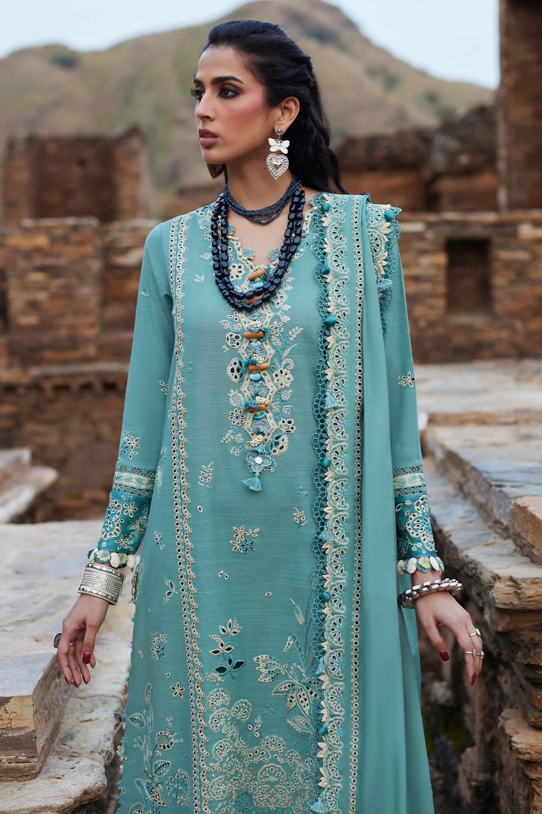 ELAN-3PC DHANAK CHIKAN EMBROIDERED SHIRT WITH DHANAK EMBROIDRED SHAWL & TROUSER-MnM-07